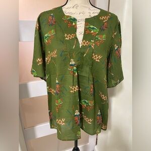 Jude Connally Jenny Gardens Flutter Sleeve V-Neck Top Green EUC